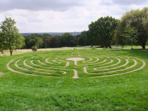 Maze on the university campus, cathedral in the distance